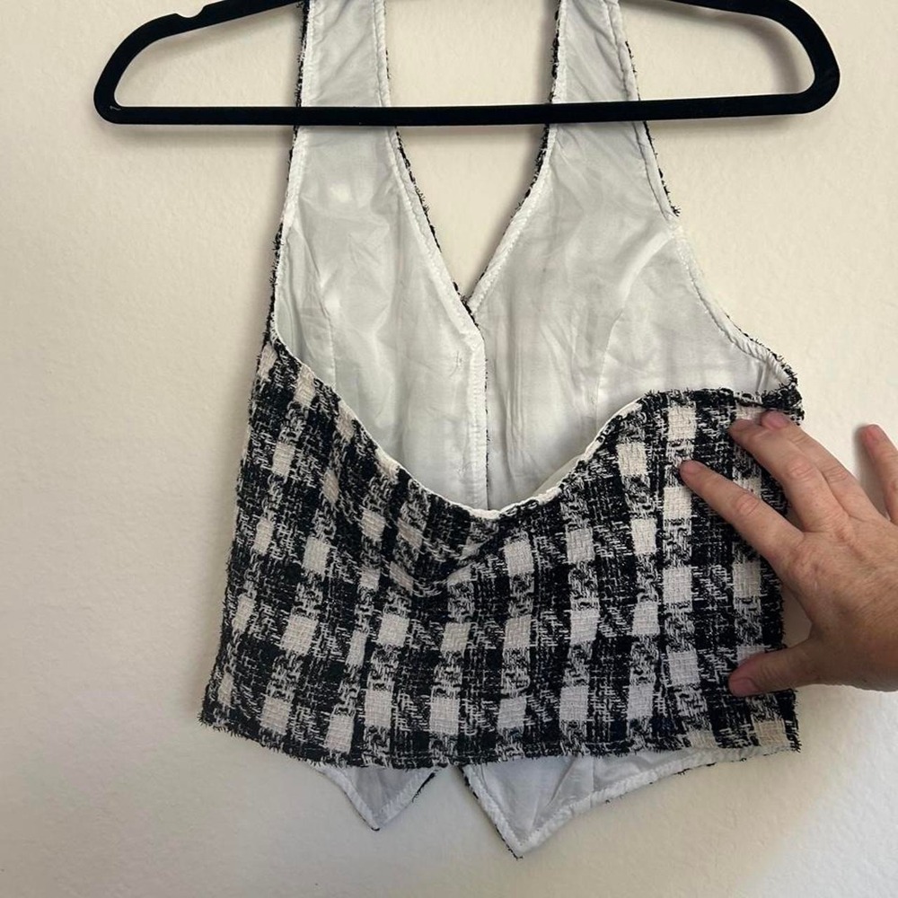 Y2K Tweed Button-up Plaid Halter Vest Open back - Picture 2 of 6